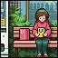 Relaxing on a bench near a store icon