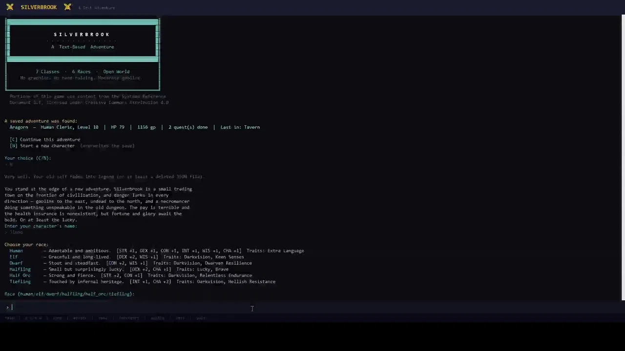 Silverbrook: a Text-Based RPG Screenshot 0