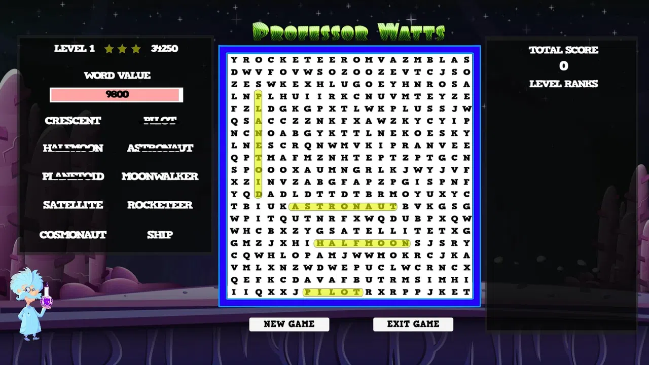 Professor Watts Word Search: Space Voyage Screenshot 1